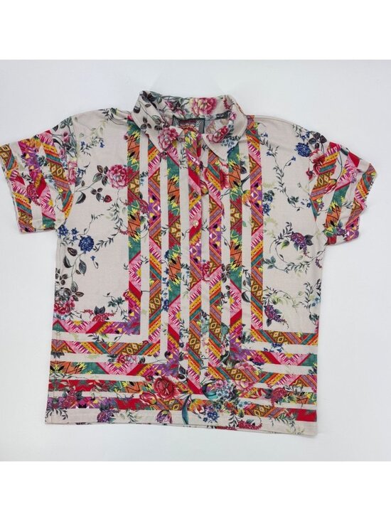 Johnny Was Tops - Johnny Was XS Azzy Boho Floral & Geometric Bamboo Button-Up Polo Shirt